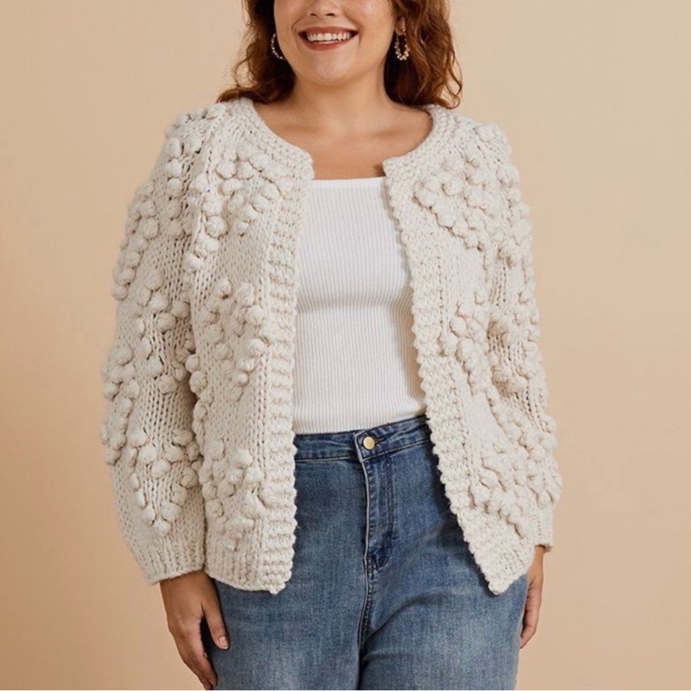 Chicwish Pom Pom Heart Chunky Cardigan in Ivory